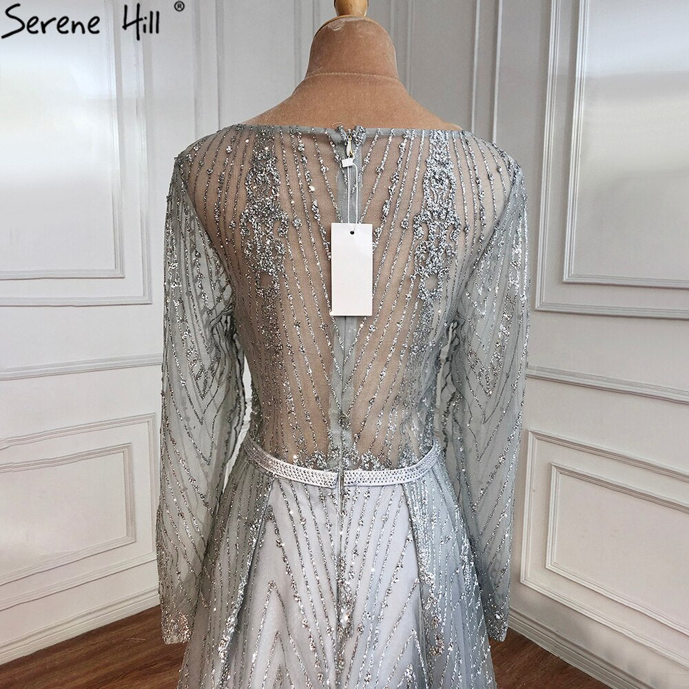 Vestidos de noche musulmanes de lujo en gris, corte A, con cuentas y mangas largas, para mujer, para bodas y fiestas, LA70819 