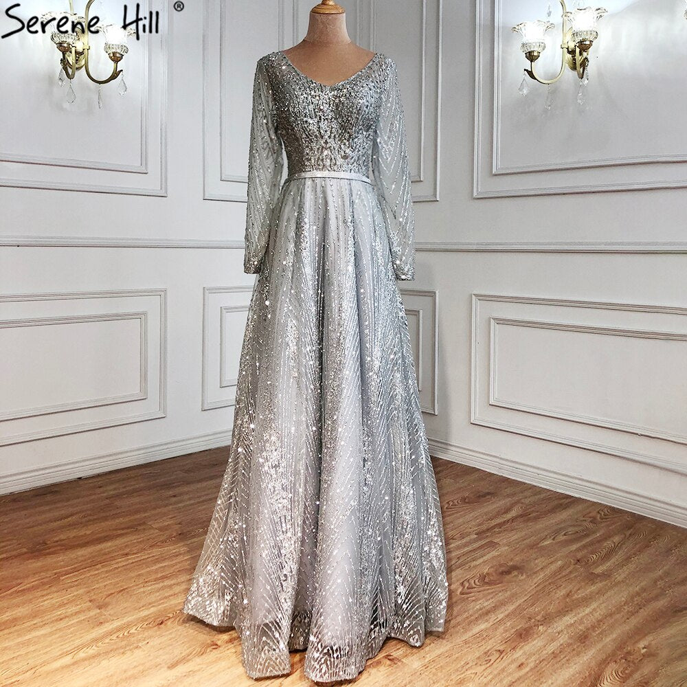 Vestidos de noche musulmanes de lujo en gris, corte A, con cuentas y mangas largas, para mujer, para bodas y fiestas, LA70819 