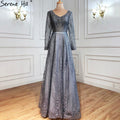 Vestidos de noche musulmanes de lujo en gris, corte A, con cuentas y mangas largas, para mujer, para bodas y fiestas, LA70819 