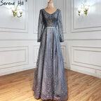 Vestidos de noche musulmanes de lujo en gris, corte A, con cuentas y mangas largas, para mujer, para bodas y fiestas, LA70819 
