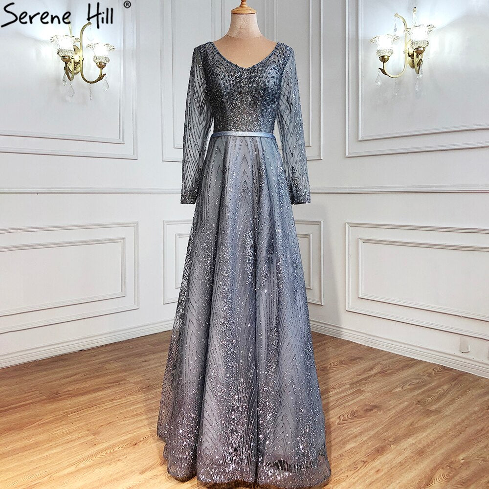Ｍuslim Luxury Grey Evening Dresses Gowns 2025 A-Line Beading Long Sleeves For Woman Wedding Party LA70819