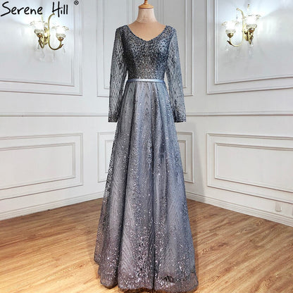 Ｍuslim Luxury Grey Evening Dresses Gowns 2025 A-Line Beading Long Sleeves For Woman Wedding Party LA70819