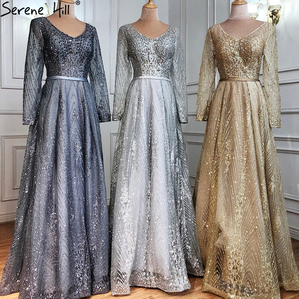 Ｍuslim Luxury Grey Evening Dresses Gowns 2025 A-Line Beading Long Sleeves For Woman Wedding Party LA70819
