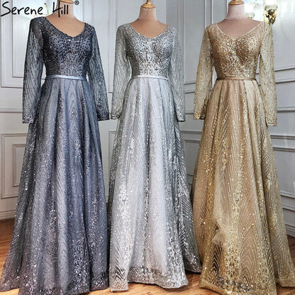 Ｍuslim Luxury Grey Evening Dresses Gowns 2025 A-Line Beading Long Sleeves For Woman Wedding Party LA70819