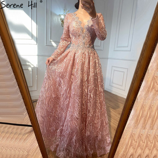 Ｍuslim Luxury Pink Evening Dresses Gowns 2025 Beading Lace A-Line For Woman Wedding Party LA71029
