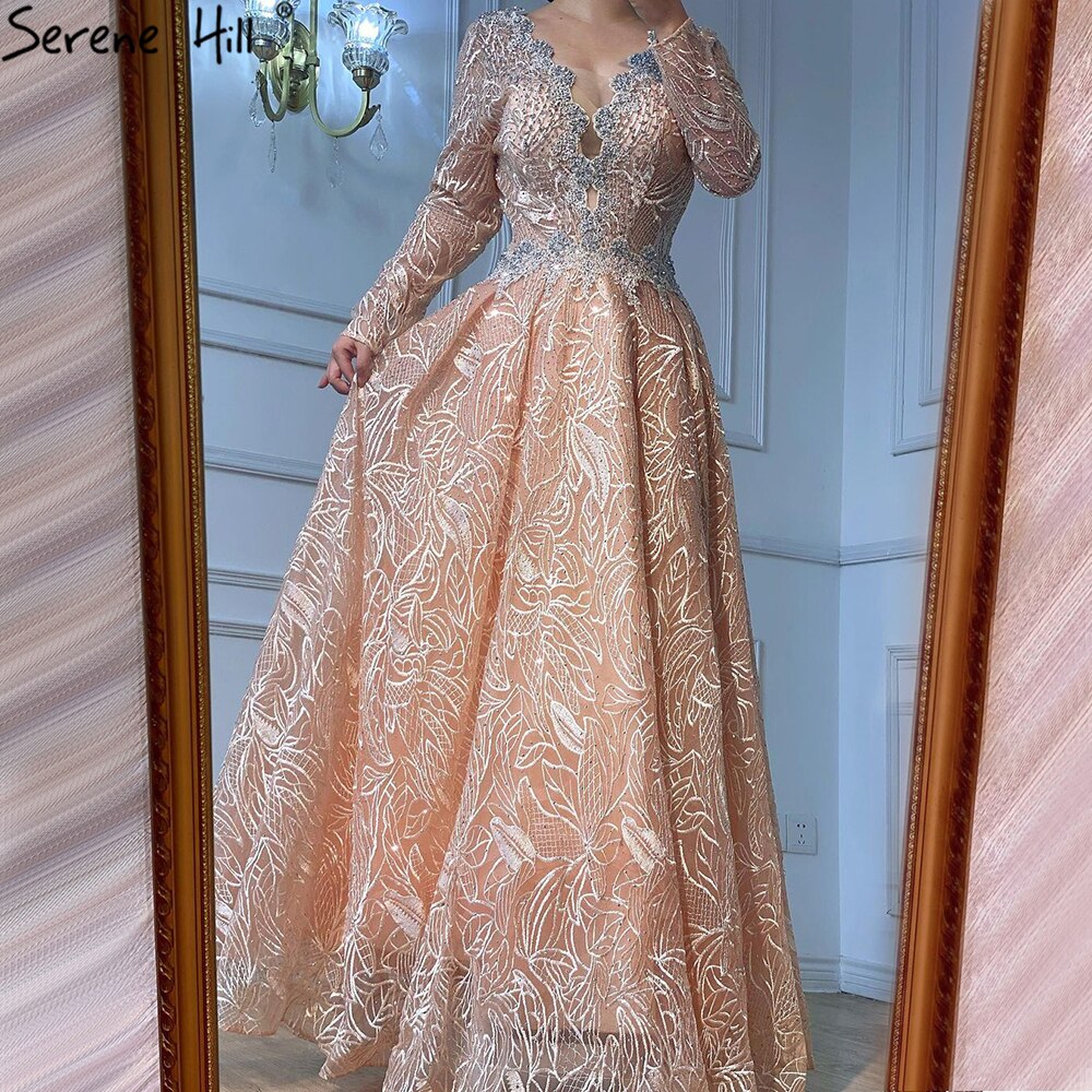 Ｍuslim Luxury Pink Evening Dresses Gowns 2025 Beading Lace A-Line For Woman Wedding Party LA71029