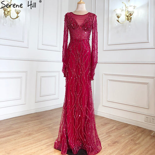 Ｍuslim Wine Red Luxury Evening Dresses Gowns 2025 Mermaid Beaded Elegant For Woman Wedding Party LA71144