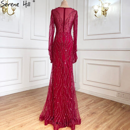 Ｍuslim Wine Red Luxury Evening Dresses Gowns 2025 Mermaid Beaded Elegant For Woman Wedding Party LA71144