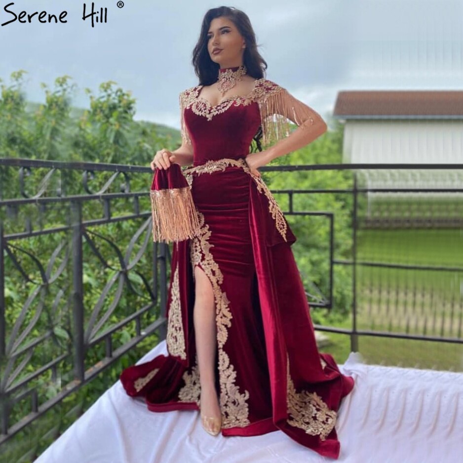 Vestido de noche de terciopelo rojo vino con cola desmontable, elegante, con borlas, sexy, para mujer, fiesta 2025 LA70789 
