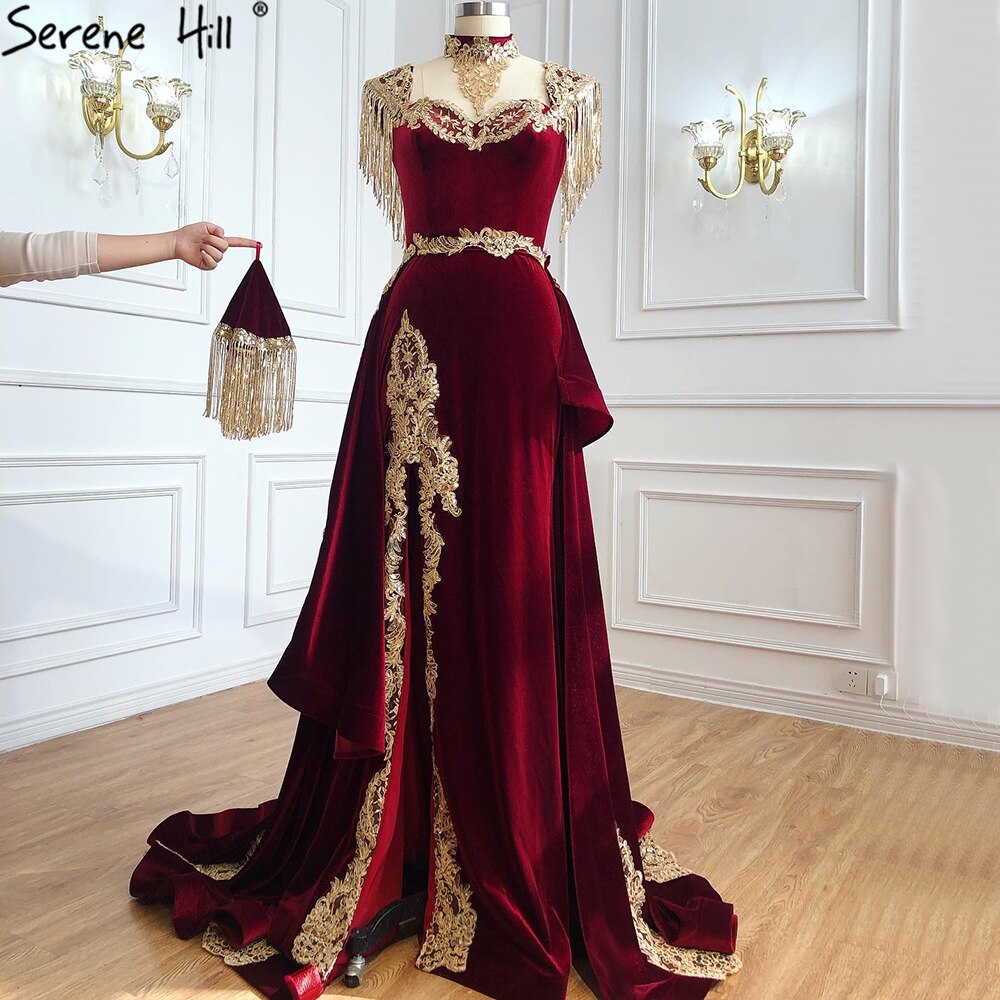 Vestido de noche de terciopelo rojo vino con cola desmontable, elegante, con borlas, sexy, para mujer, fiesta 2025 LA70789 