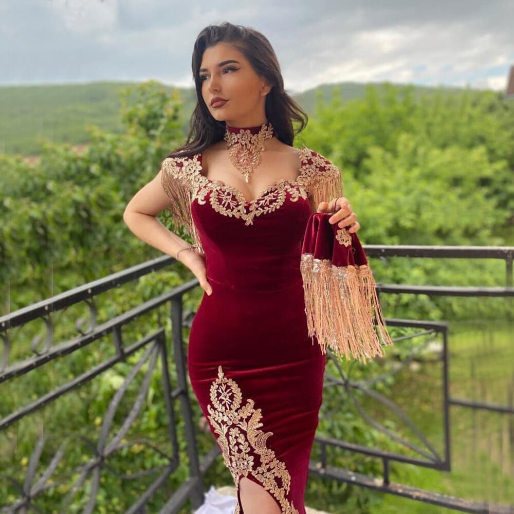 Vestido de noche de terciopelo rojo vino con cola desmontable, elegante, con borlas, sexy, para mujer, fiesta 2025 LA70789 