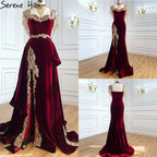 Vestido de noche de terciopelo rojo vino con cola desmontable, elegante, con borlas, sexy, para mujer, fiesta 2025 LA70789 
