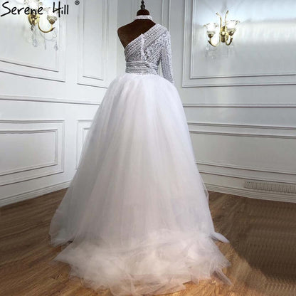 White High Collar One Shoulder 2025 Pearls Lace  Party Wear Luxury Mermaid Evening Formal Dresses For Women LA70462