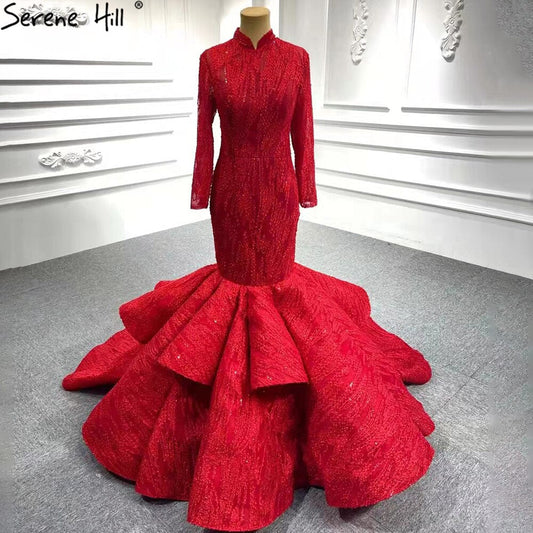 Serenr Hill Muslimischen Red Mermaid Vintage Brautkleider 2025 Elegante Lace Up Brautkleider HM66614M Nach Maß 