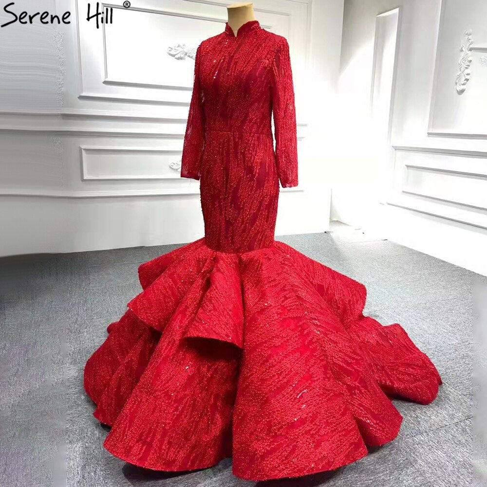 Serenr Hill Muslimischen Red Mermaid Vintage Brautkleider 2025 Elegante Lace Up Brautkleider HM66614M Nach Maß 