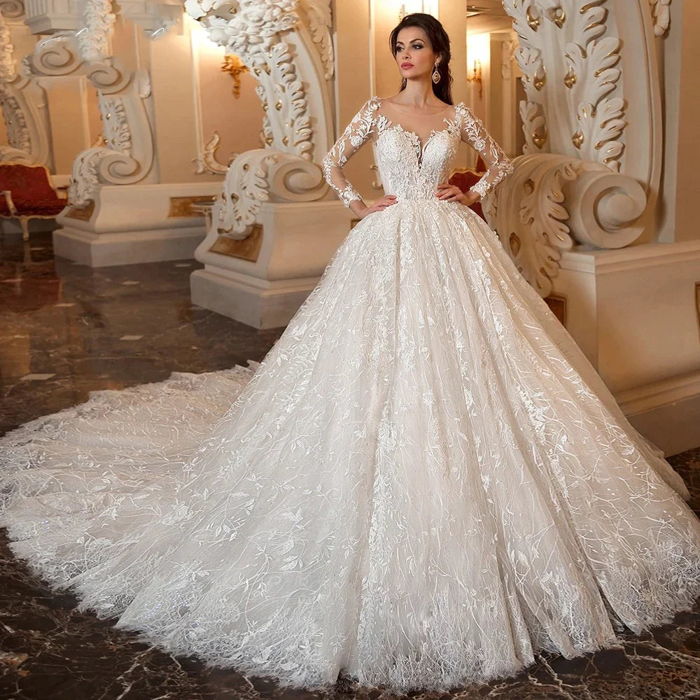 Sexy A-line V-neck Bespoke Wedding Dress 2023 Italian Exquisite Lace White Tulle Long Sleeve Train Button Bride Dress-payinti