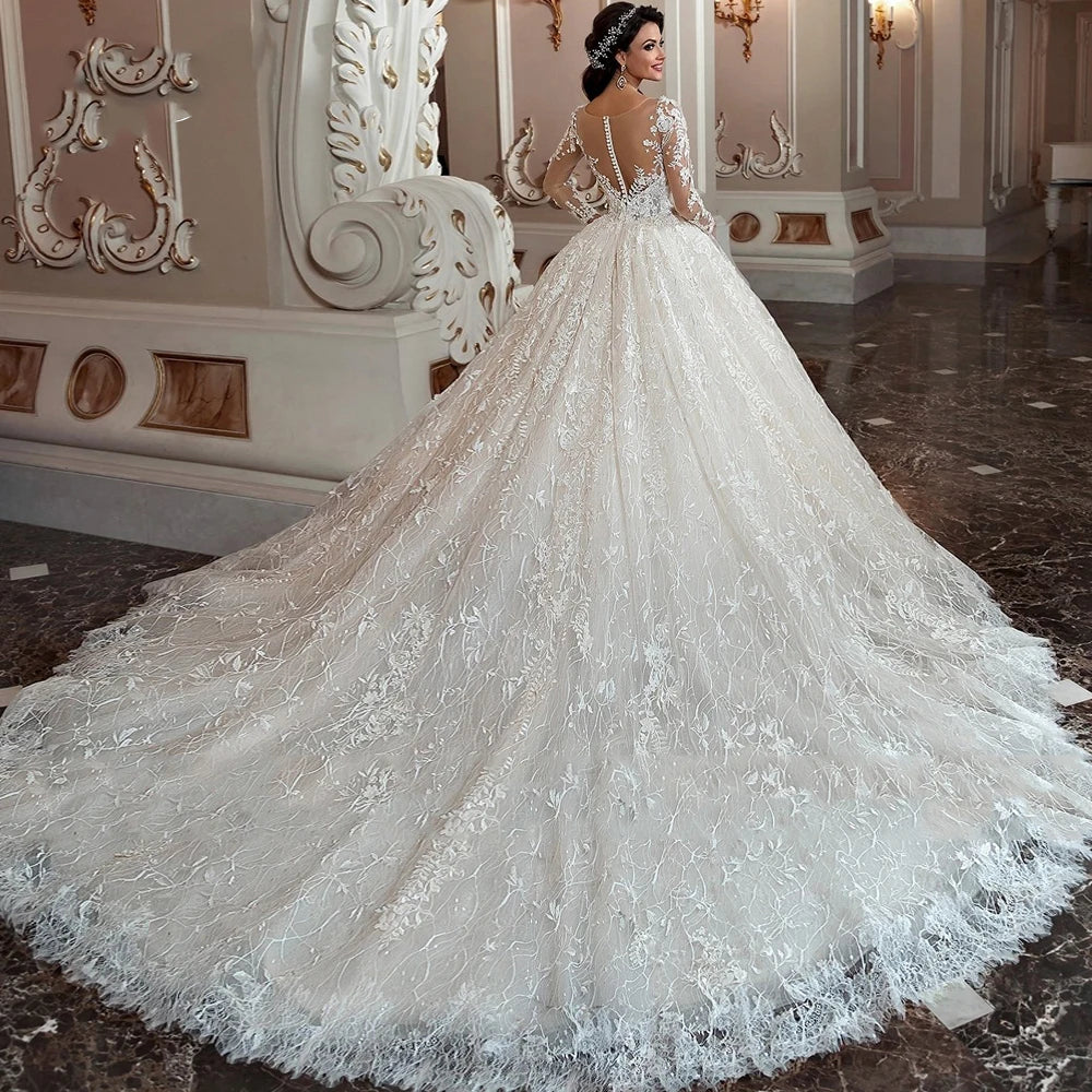 Sexy A-line V-neck Bespoke Wedding Dress 2023 Italian Exquisite Lace White Tulle Long Sleeve Train Button Bride Dress-payinti