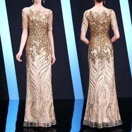 Sexy Applique Long Prom Dress Champagne Color Evening Dresses Tulle Elegant Short Sleeve Maxi Robes Women Party Mermaid Dress-payinti