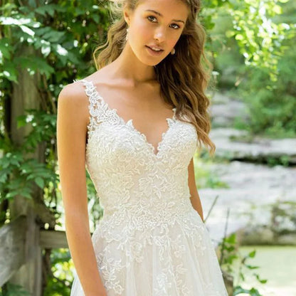 Sexy Backless Vestidos De Novia Appliques Vestido De Noiva V-Neck Wedding Dresses Lace Robe De Mariée-payinti