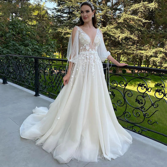 Sexy Deep V Neck Wedding Dress A-Line 3/4 Sleeve Open Back Tulle Lace Appliquéd Boho Bridal Gown Vestidos Custom-payinti