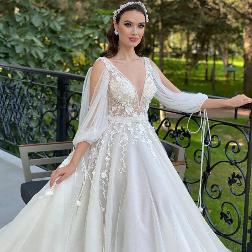 Sexy Deep V Neck Wedding Dress A-Line 3/4 Sleeve Open Back Tulle Lace Appliquéd Boho Bridal Gown Vestidos Custom-payinti