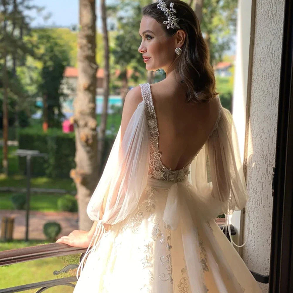 Sexy Deep V Neck Wedding Dress A-Line 3/4 Sleeve Open Back Tulle Lace Appliquéd Boho Bridal Gown Vestidos Custom-payinti