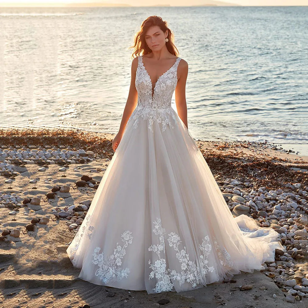Sexy Deep V-neck A Line Vestidos De Novia Appliques Vestido De Noiva Backless Wedding Dresses Lace Robe De Mariée-payinti