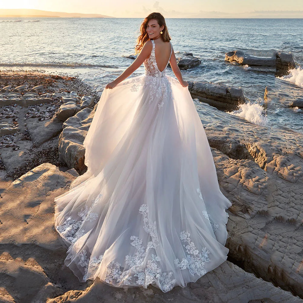 Sexy Deep V-neck A Line Vestidos De Novia Appliques Vestido De Noiva Backless Wedding Dresses Lace Robe De Mariée-payinti