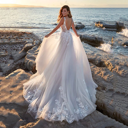 Sexy Deep V-neck A Line Vestidos De Novia Appliques Vestido De Noiva Backless Wedding Dresses Lace Robe De Mariée-payinti
