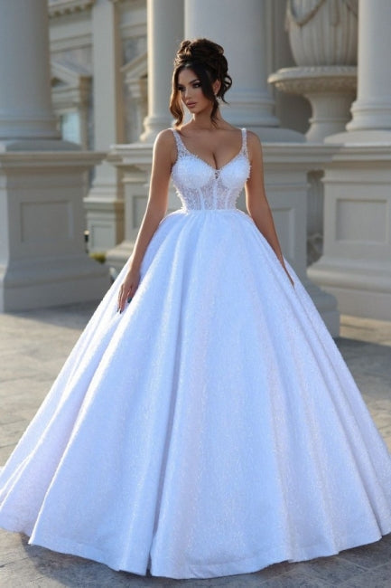 Vestido de novia sexy con tirantes hasta el suelo, sin mangas, escote en V y cuentas, con encaje