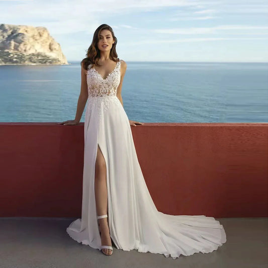 Sexy High Split Boho Chiffon Beach Wedding Dresses Summer V Neck Illusion Back Lace Bride Wedding Gowns Vestidos De Noiva-payinti