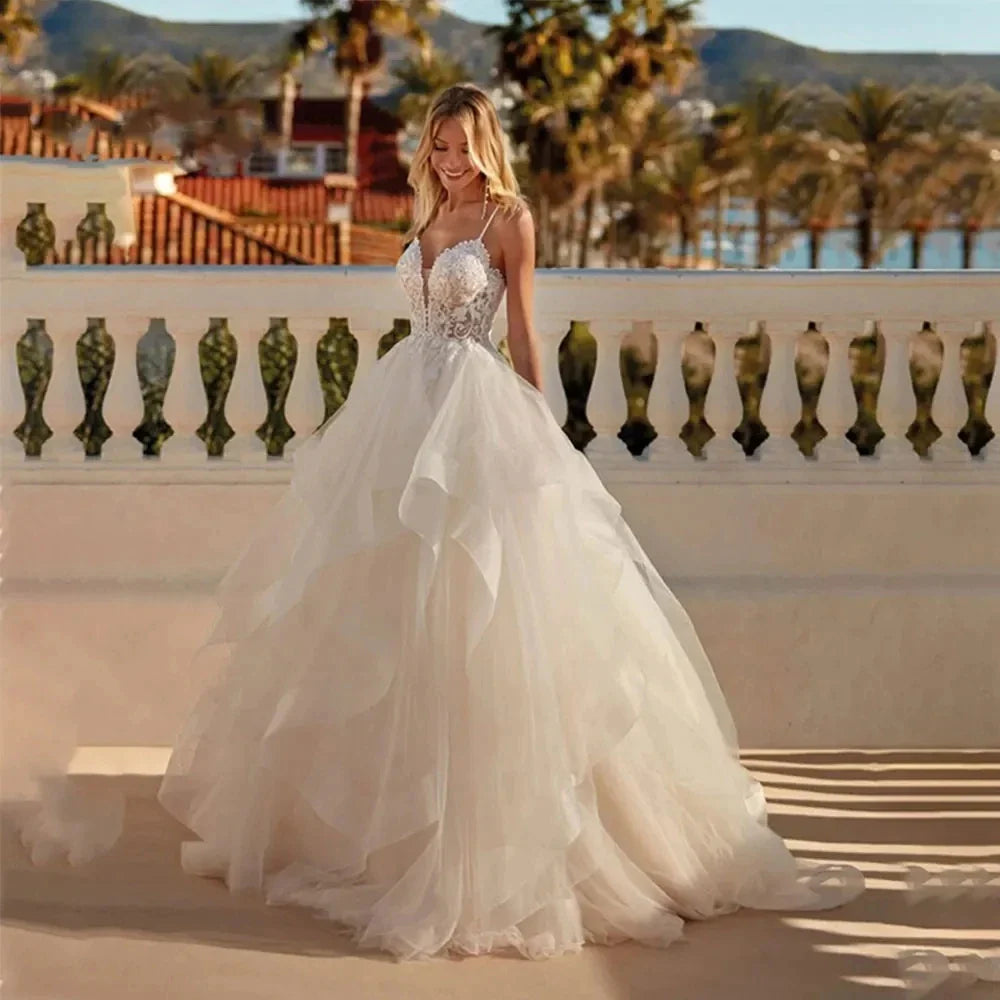 Sexy Lace Appliques V Neck Wedding Dresses Exquisite Tiered A Line Tulle Ball Gowns For Woman Formal Bride Beach Party Vestidos-payinti