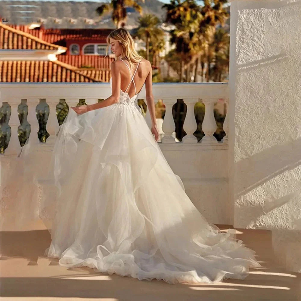 Sexy Lace Appliques V Neck Wedding Dresses Exquisite Tiered A Line Tulle Ball Gowns For Woman Formal Bride Beach Party Vestidos-payinti
