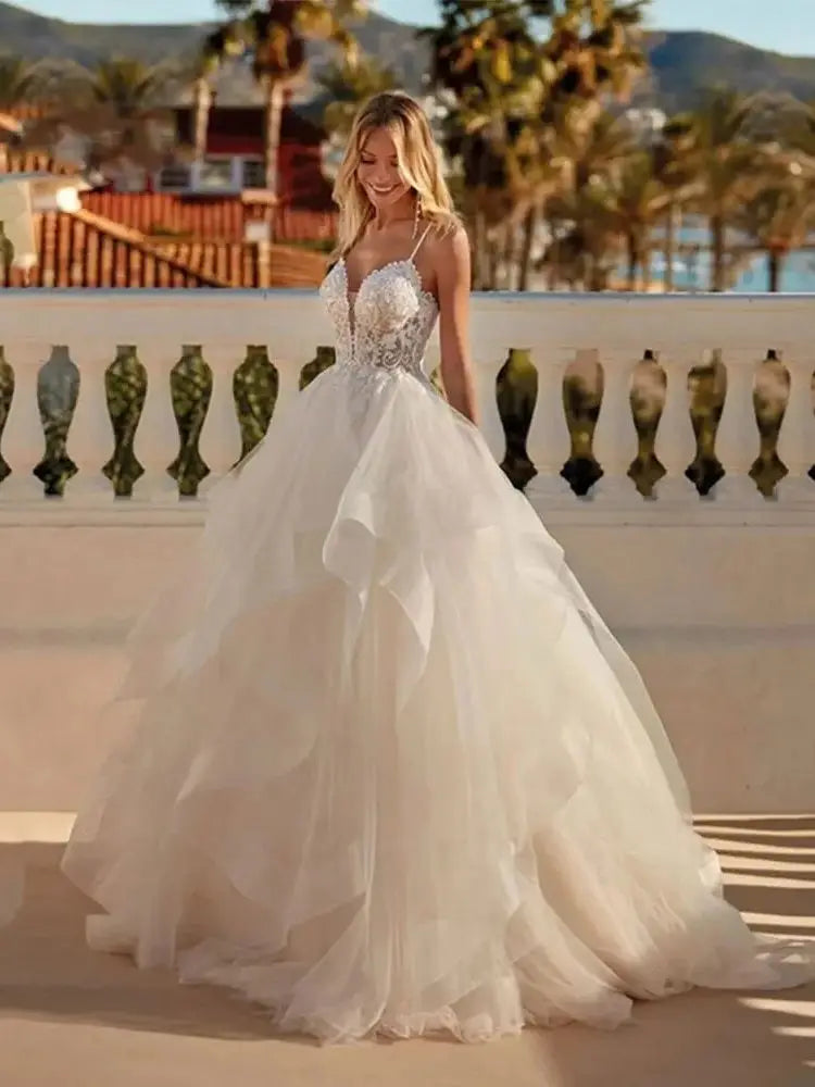 Sexy Lace Appliques V Neck Wedding Dresses Exquisite Tiered A Line Tulle Ball Gowns For Woman Formal Bride Beach Party Vestidos-payinti