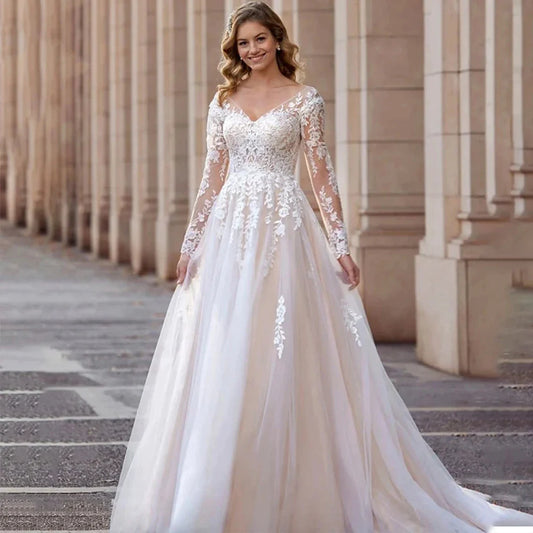 Sexy Lace Simple Elegant Mopping Wedding Dresses V-neck Long Sleeves Plain White Pretty Fascinating Bridal Gowns Backless 2023-payinti