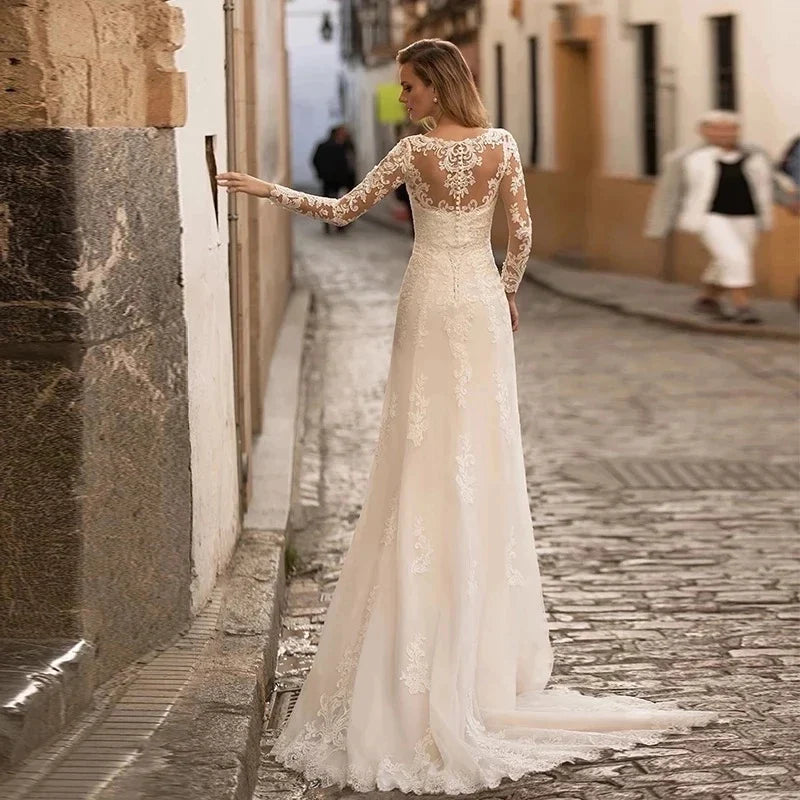 Sexy Lace V-Neck 2023 New Ladies Mermaid Wedding Dresses Floor White Bride Elegant Guest Long Sleeve Vestidos De Novia Applique-payinti