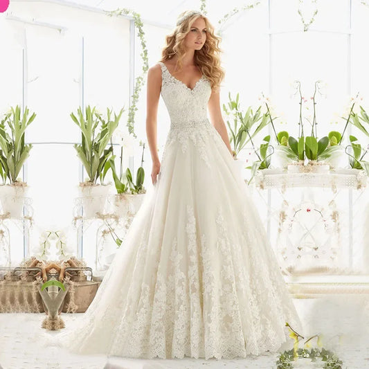 Sexy Lace Wedding Dresses Long Train Simple Bride Floor Length Long Sleeve Applique Lace up Open Back Wedding Dresses-payinti