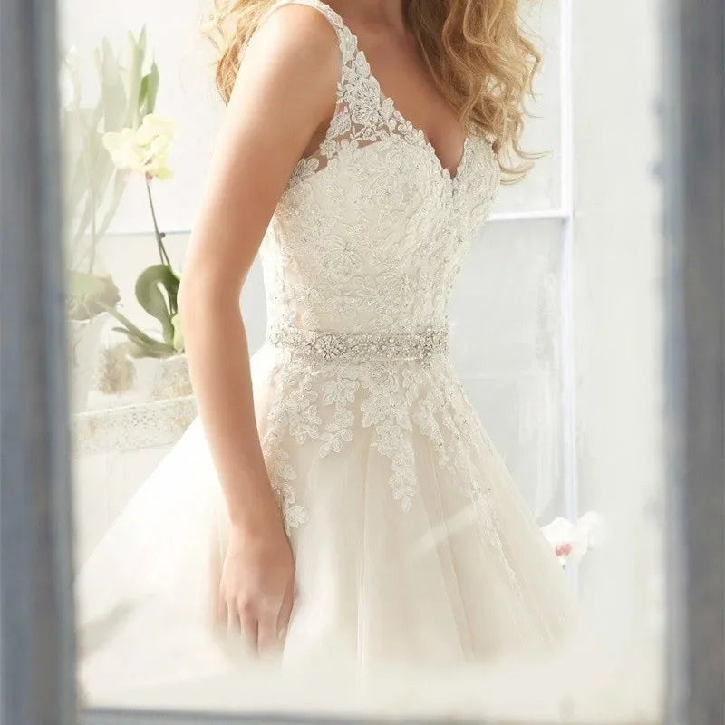 Sexy Lace Wedding Dresses Long Train Simple Bride Floor Length Long Sleeve Applique Lace up Open Back Wedding Dresses-payinti