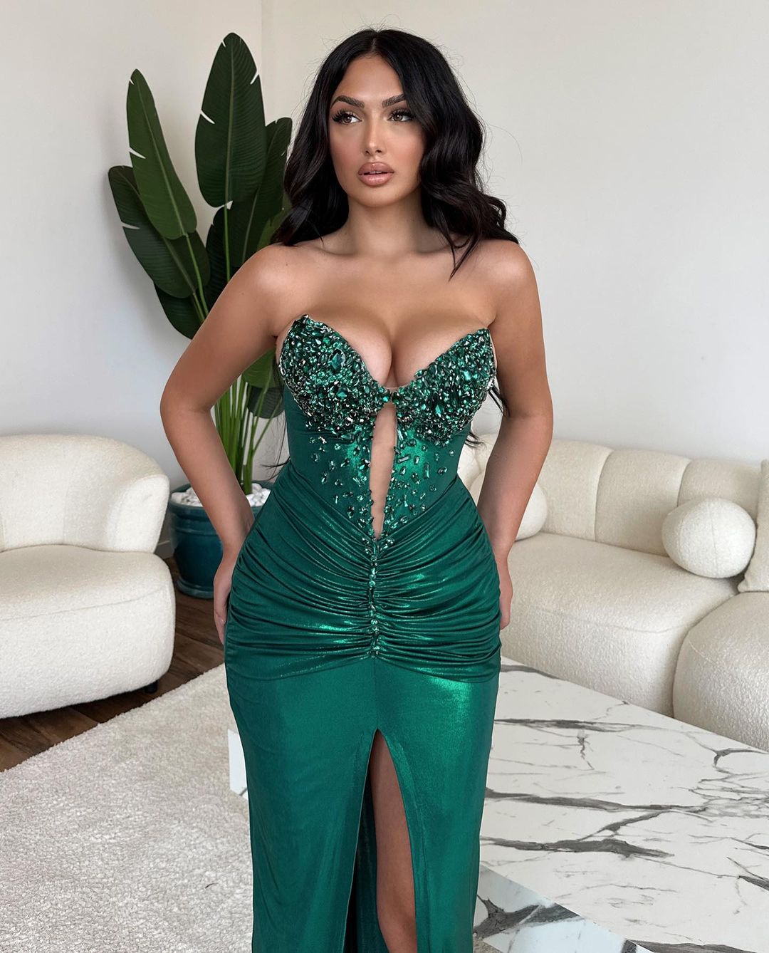 Sexy Langes Grünes Meerjungfrau Pailletten Ärmelloses Ballkleid Mit Schlitz