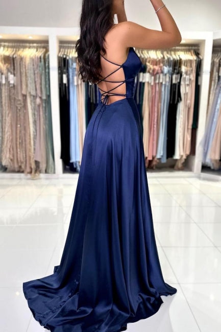 Sexy Langes Einfaches Marineblaues Spaghettiträger Ballkleid mit Schlitz