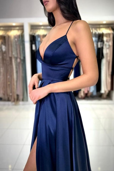 Sexy Langes Einfaches Marineblaues Spaghettiträger Ballkleid mit Schlitz