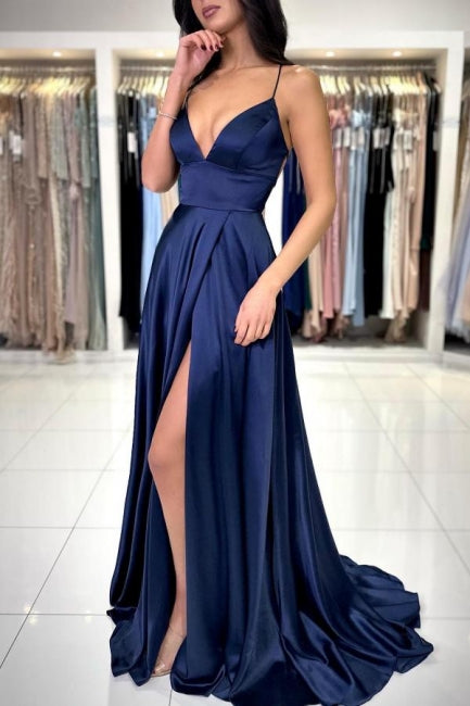 Sexy Langes Einfaches Marineblaues Spaghettiträger Ballkleid mit Schlitz