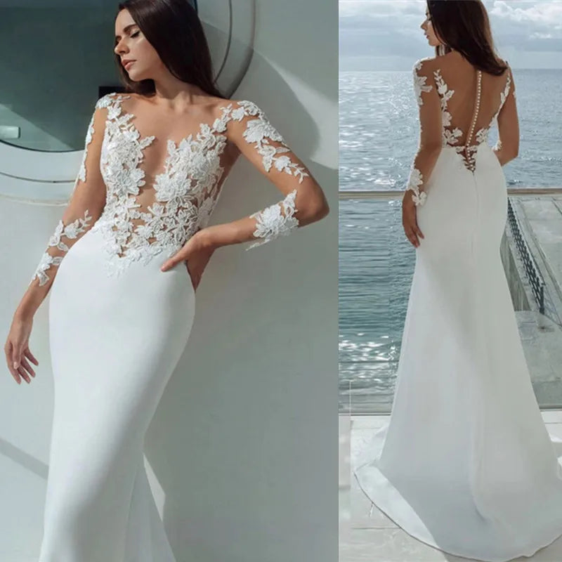 Sexy Long Sleeves Mermaid Wedding Dresses White Illusion Neck Lace Appliques 2023 Bridal Dress Gowns Beach Vestidos De Noiva-payinti