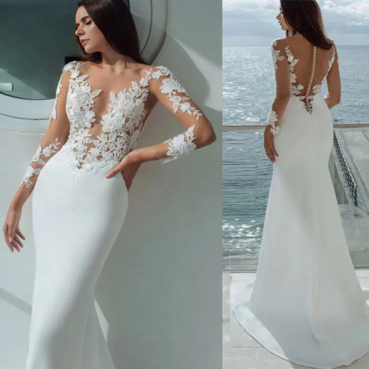 Sexy Long Sleeves Mermaid Wedding Dresses White Illusion Neck Lace Appliques 2023 Bridal Dress Gowns Beach Vestidos De Noiva-payinti