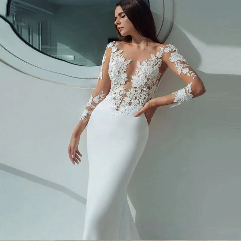 Sexy Long Sleeves Mermaid Wedding Dresses White Illusion Neck Lace Appliques 2023 Bridal Dress Gowns Beach Vestidos De Noiva-payinti