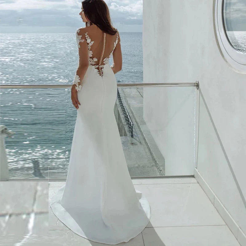 Sexy Long Sleeves Mermaid Wedding Dresses White Illusion Neck Lace Appliques 2023 Bridal Dress Gowns Beach Vestidos De Noiva-payinti