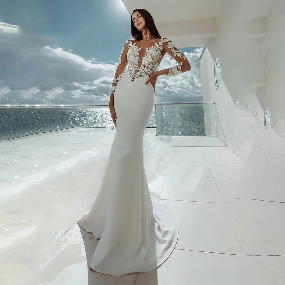 Sexy Long Sleeves Mermaid Wedding Dresses White Illusion Neck Lace Appliques 2023 Bridal Dress Gowns Beach Vestidos De Noiva-payinti