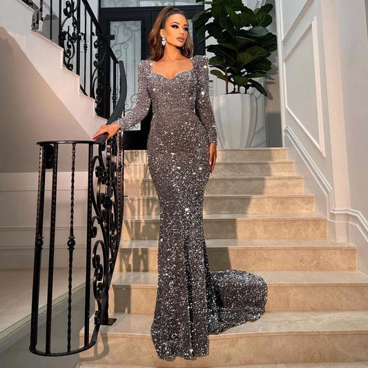 Sexy Mermaid Evening Dresses 2023 For Women Long Sleeves Sweetheart Velour Sequin Wedding Formal Prom Party Gowns Robe De Soiree-payinti