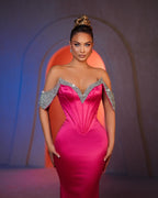 Sexy Meerjungfrau Off-the-Shoulder Ärmellose Strass Satin Ballkleider