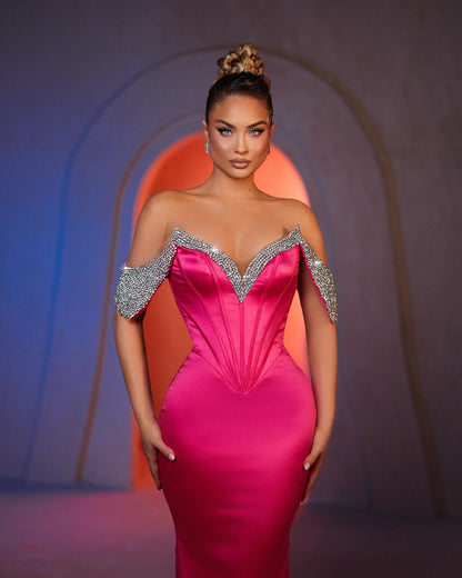 Sexy Meerjungfrau Off-the-Shoulder Ärmellose Strass Satin Ballkleider